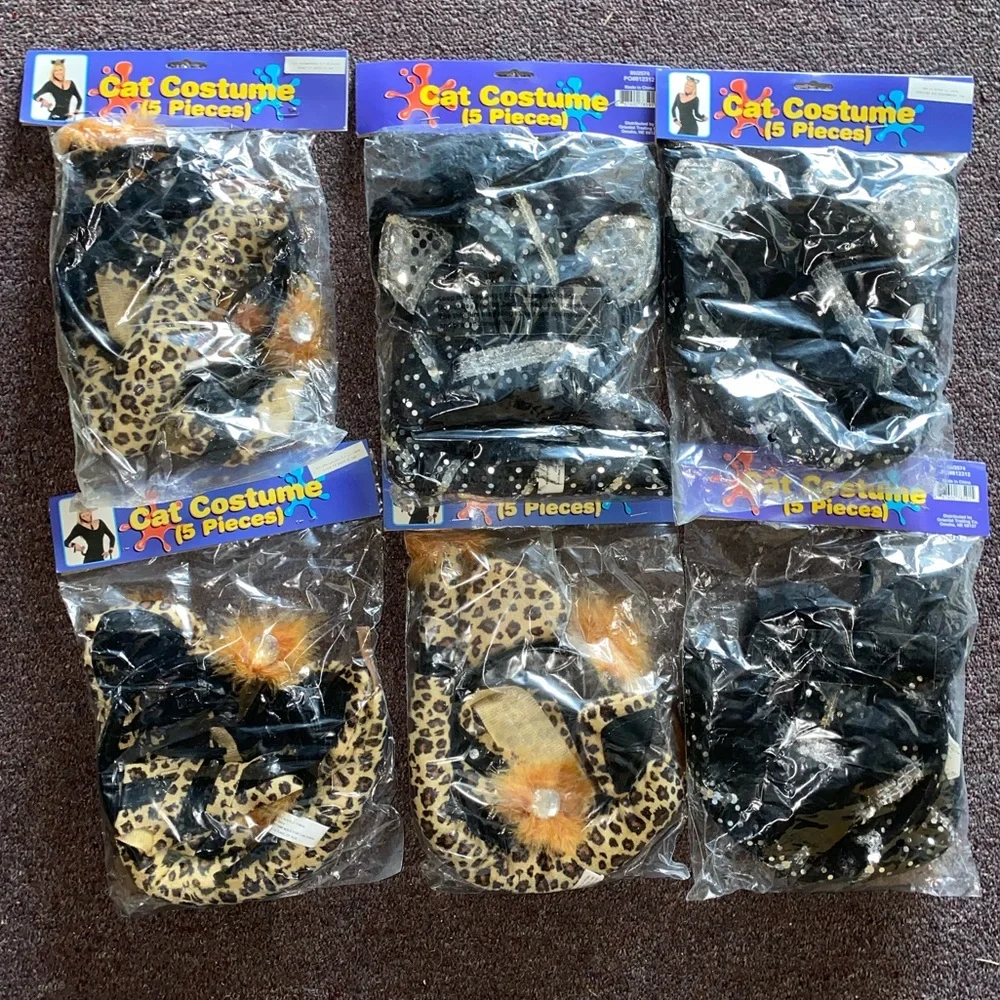 (3) 5 Piece Leopard Cat Costume & (3) 5 Piece Bling Cat Costume Accessories